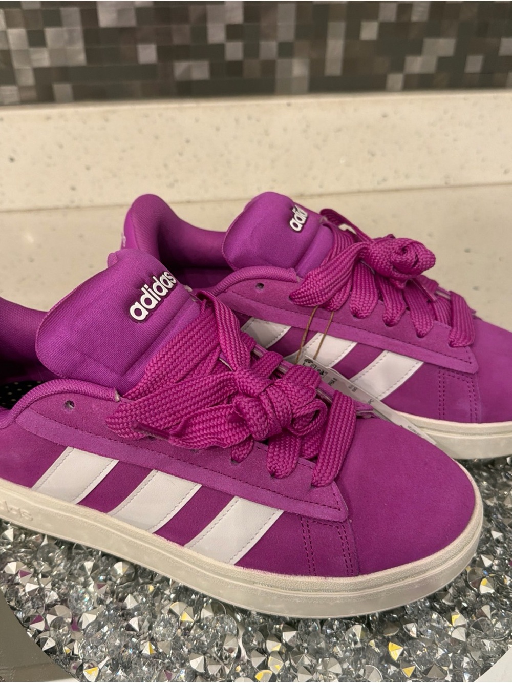 Adidas Magenta Suede Sneakers with White Stripes- Size 8